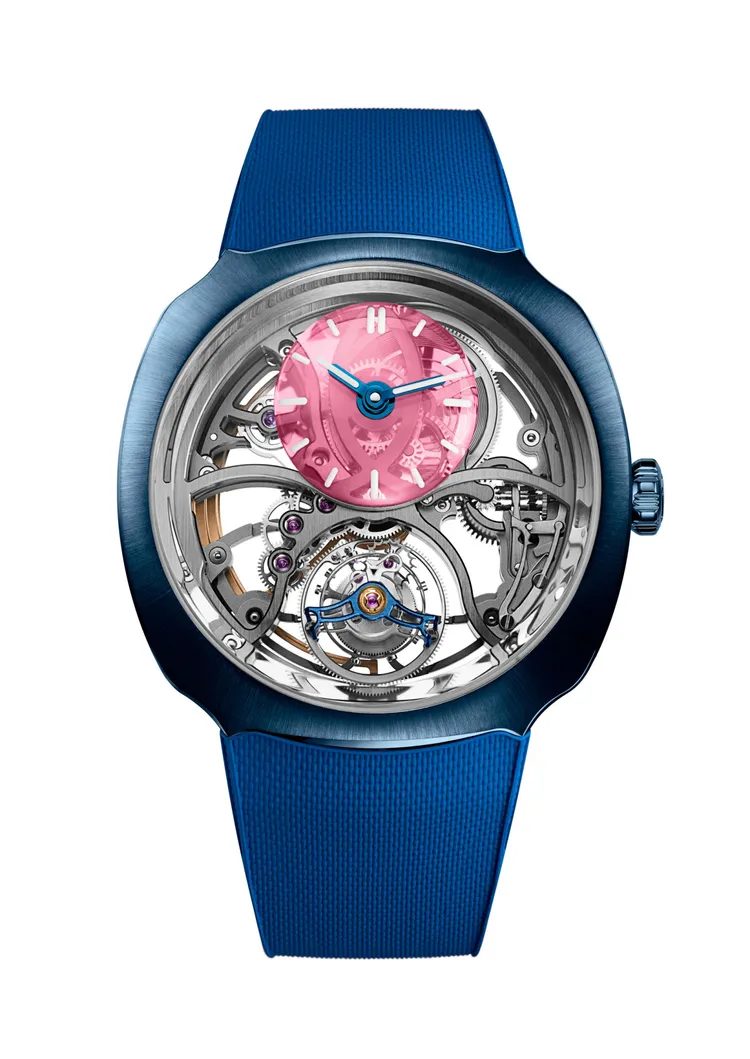亨利慕時疾速者援圓柱陀飛輪鏤空腕錶ALPINE全球唯一特別版，42.3mm，藍色DLC處理不鏽鋼錶殼，深粉紅色剛玉弧形小錶盤，鏤空主錶盤，粉紅色橡膠錶帶，全鏤空HMC 811自動上鍊立體自製機芯，動力儲存74小時，防水深度120米。品牌提供