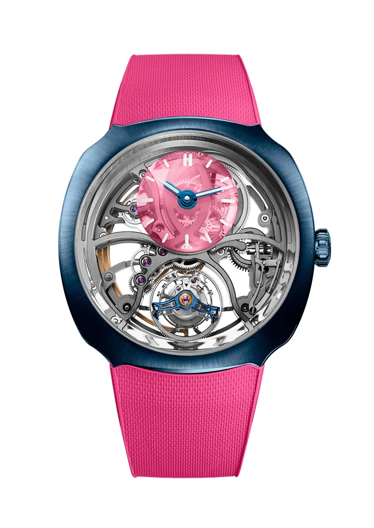 亨利慕時疾速者援圓柱陀飛輪鏤空腕錶ALPINE全球唯一特別版，42.3mm，藍色DLC處理不鏽鋼錶殼，深粉紅色剛玉弧形小錶盤，鏤空主錶盤，粉紅色橡膠錶帶，全鏤空HMC 811自動上鍊立體自製機芯，動力儲存74小時，防水深度120米。品牌提供