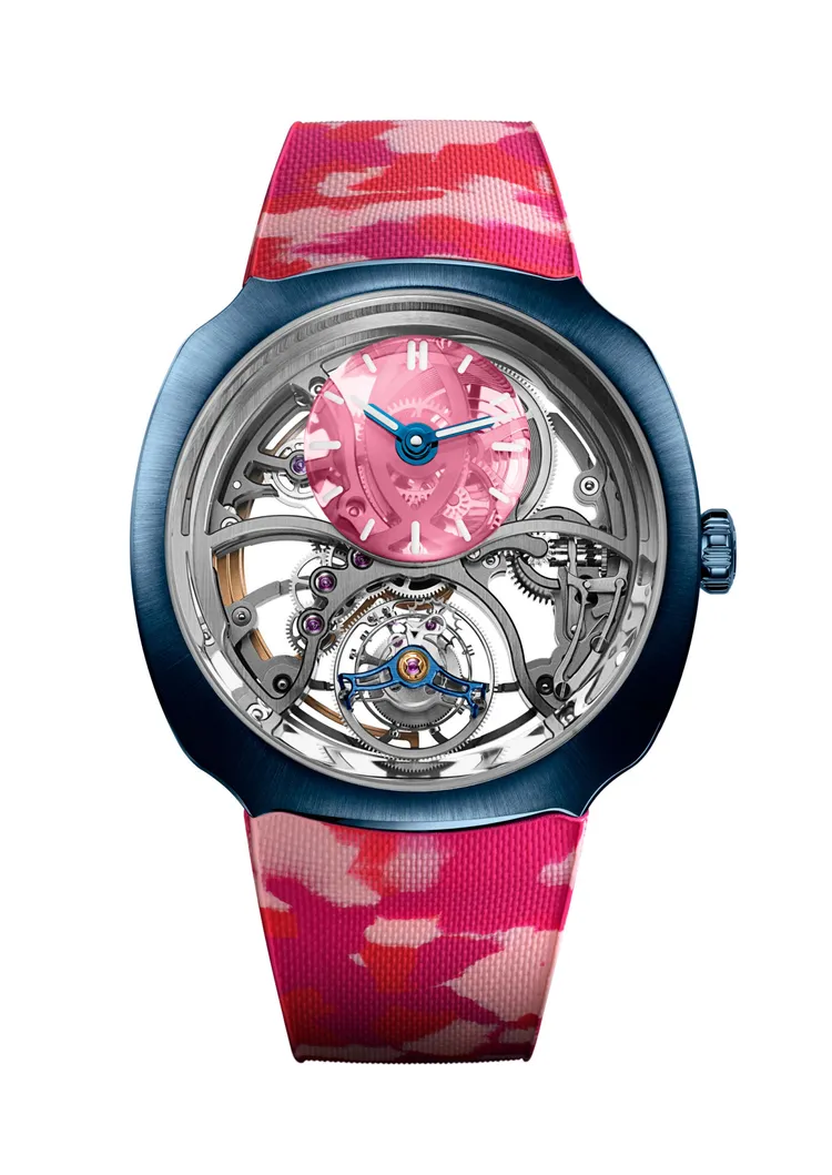 亨利慕時疾速者援圓柱陀飛輪鏤空腕錶ALPINE全球唯一特別版，42.3mm，藍色DLC處理不鏽鋼錶殼，深粉紅色剛玉弧形小錶盤，鏤空主錶盤，粉紅色橡膠錶帶，全鏤空HMC 811自動上鍊立體自製機芯，動力儲存74小時，防水深度120米。品牌提供