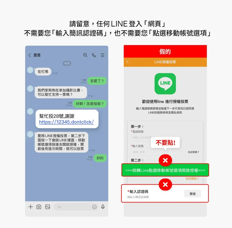 請留意，任何LINE登入「網頁」，都不需要「輸入簡訊認證碼」，也不需要「點選移動帳號選項」。
LINE提供