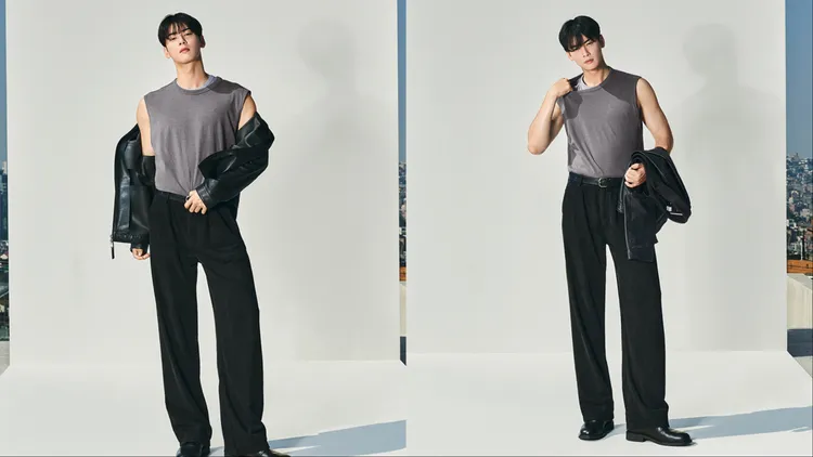 車銀優以灰色背心搭配皮革夾克。品牌提供