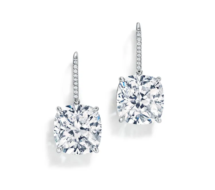 Tiffany高級珠寶系列鉑金鑲嵌2 顆總重逾20克拉枕形切割鑽石與鑽石耳環。品牌提供