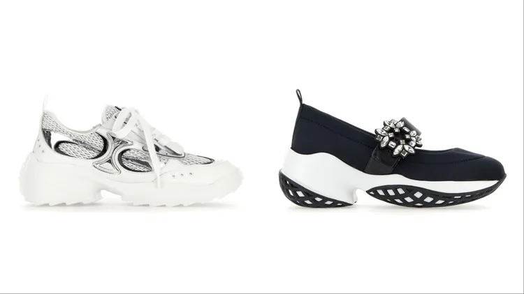 Viv' on the Run銀白科技布料金屬皮革拼接白扣休閒鞋（左）4萬1600元、Viv' Run 黑色科技布料瑪莉珍鞋（右）4萬1000元。品牌提供