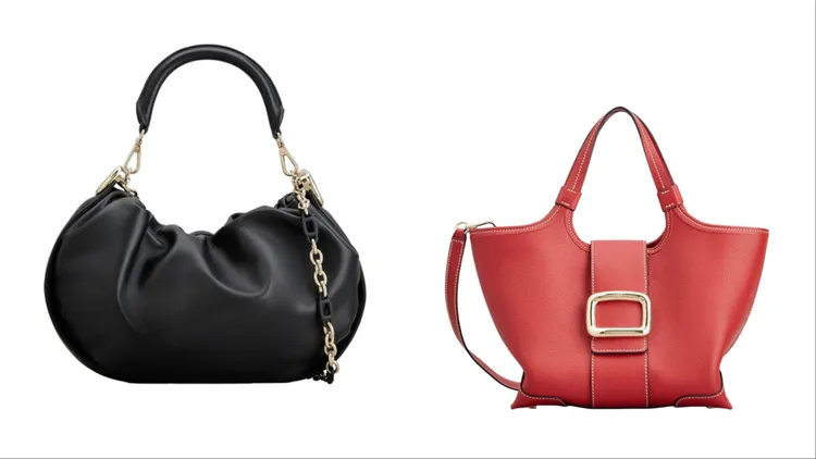 Viv' Choc Royal Hobo黑色小羊皮流浪包（左）12萬元、Vivier Choc寶石紅牛皮手提肩背女包（右）8萬元。品牌提供