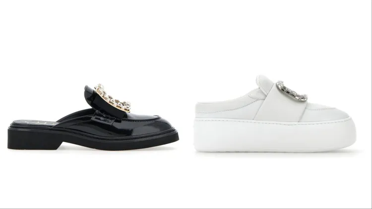 Viv' Rangers 黑色漆皮鑽扣穆勒鞋（左）6萬1000元、Viv Up白色小羊皮鑽扣泡芙穆勒鞋（右）5萬5000元。品牌提供