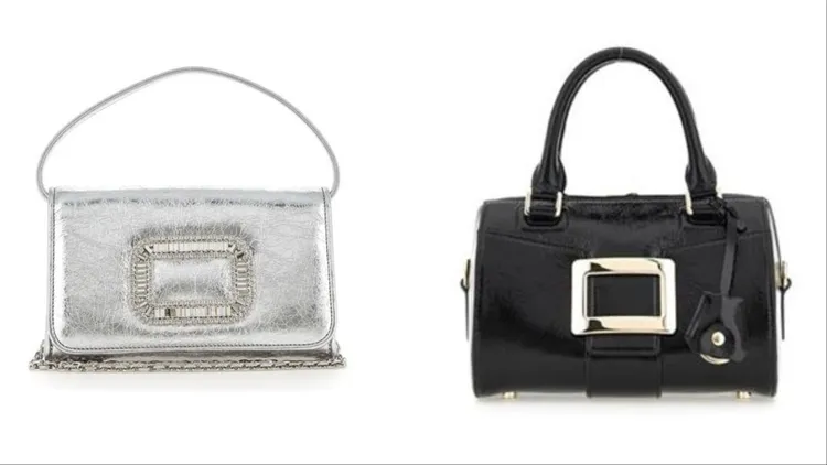 Pilgrim銀色金屬山羊皮水晶扣手拿包（左）8萬1200元、Belle Vivier黑色漆亮皮保齡球包（右）10萬3000元。品牌提供
