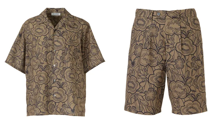 鬼塚虎圖騰設計棕色短袖襯衫（左）3780元、圖騰設計棕色五分褲（左）3580元。品牌提供
