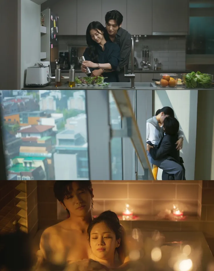 朴炯植與洪華蓮劇中有不少親密戲，首集背後抱、公司樓梯間激吻、洗鴛鴦浴樣樣來。翻攝Disney+