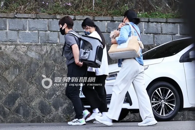 其中1名保母（左）身上背著寵物背包，細看裡面有隻小狗，後方的保母也背著一隻，汪希玥則是低頭走路。特勤中心攝