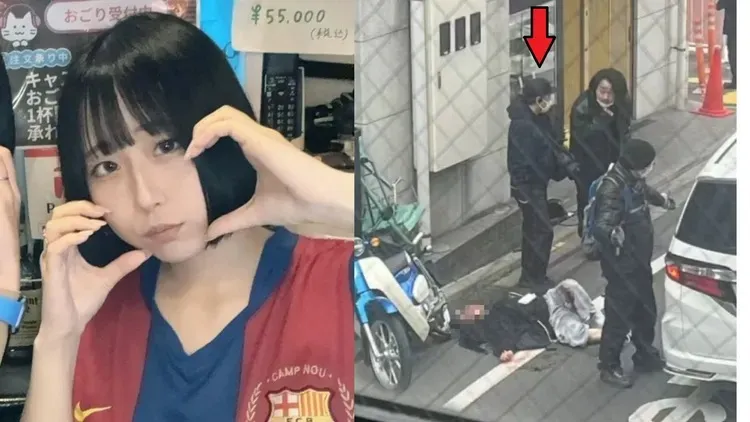 佐藤愛里直播中不幸被刺殺身亡，凶嫌（紅箭頭）一直待在現場。翻攝自X