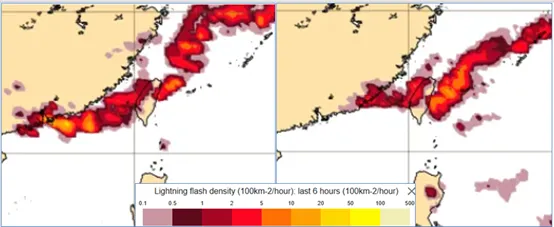 最新(1日20時)歐洲模式(ECMWF)，模擬週二(4日)8時閃電密度(前6小時)的模擬圖顯示，有雷雨發生的機率(左圖)。模擬週三(5日)2時閃電密度(前6小時)的模擬圖顯示，仍有雷雨發生的機率(右圖)。
氣象應用推廣基金會
