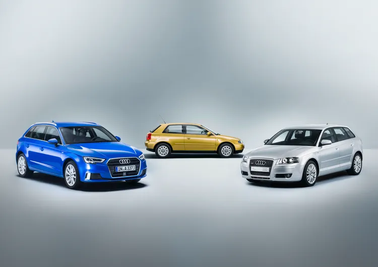 Audi A3車系歷代造型回顧。第一代(中)、第二代(右)、第三代(左)。原廠照片