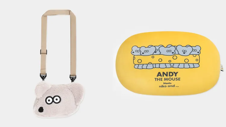 niko and…「老鼠ANDY」聯名造型小包（左）970元、QQ抱枕（右）1210元。品牌提供