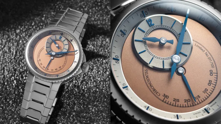 PULSE One Sand腕錶，41mm，五級鈦金屬錶殼，噴砂電鍍4N金色錶盤，一體式五級鈦金屬鍊帶，瑞寶自製自動上鍊機芯C. 6001，動力儲存55小時，防水深度100米，限量100只，48萬5000元。品牌提供