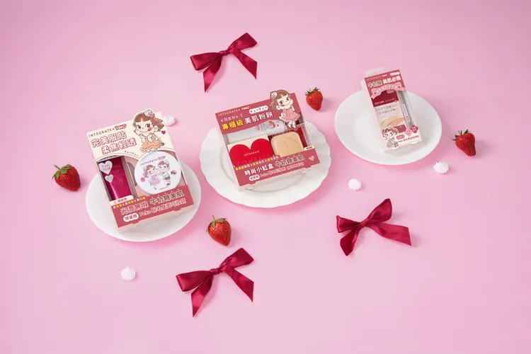 INTEGRATE x PEKO聯名系列，BB霜PEKO牛奶糖肌聯名組30g／469元、柔焦輕透粉餅PEKO牛奶糖肌聯名組10g／549元、雙色遮瑕PEKO牛奶糖肌聯名組4g／419元。品牌提供