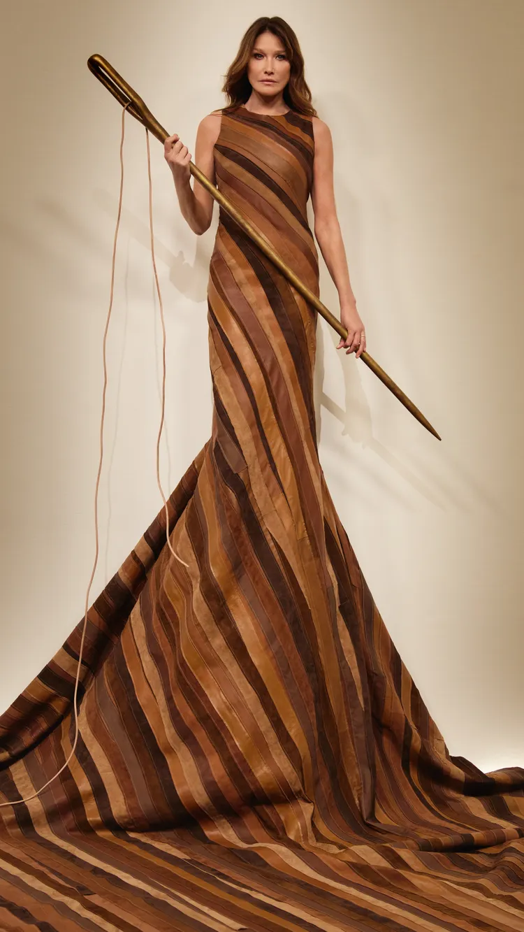 頂尖超模Carla Bruni換上連衣裙並手持象徵工藝與傳承的針。品牌提供