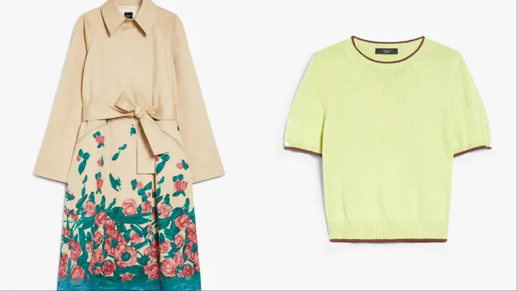 Weekend Max Mara花卉印花長版風衣（左）4萬5600元、滾邊柔棉針織上衣（右）1萬3000元。品牌提供