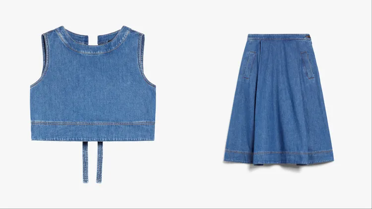 Weekend Max Mara蝴蝶結綴飾牛仔背心（左）1萬500元、復古打摺牛仔圓裙 （右）1萬5400元。品牌提供