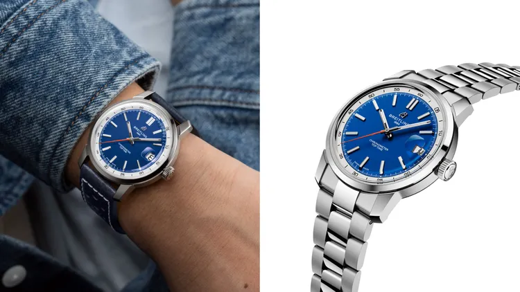 百年靈TOP TIME B31腕錶，38mm，精鋼錶殼，藍色錶盤搭配白色內圈，賽車風格小牛皮錶帶/精鋼錶鍊，百年靈自製Caliber B31型機芯，動力儲存78小時，防水深度100米，皮帶款17萬3000元、鍊帶款18萬2000元。品牌提供