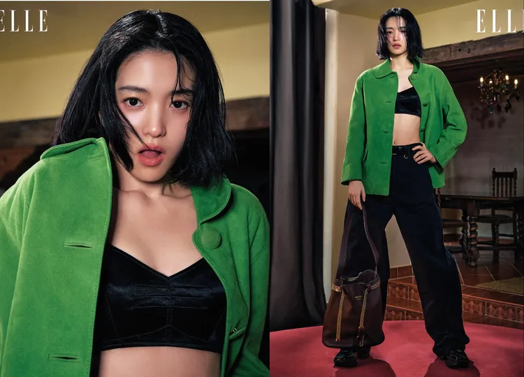 金泰梨換上黑色緞面短版胸衣PRADA相當性感。翻攝《ELLE》IG、《ELLE》國際中文版提供