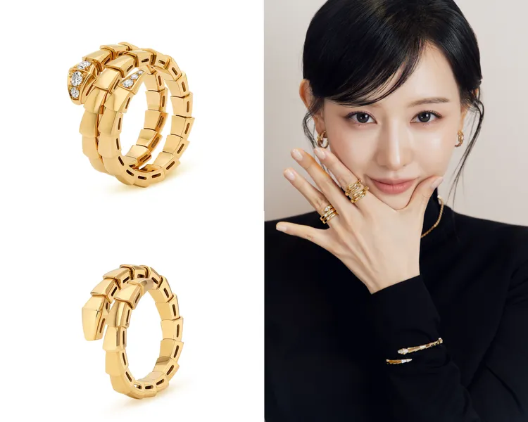 BVLGARI Serpenti Viper 黃K金半鑲鑽雙圈戒指（左上）、Serpenti Viper 黃K金戒指（左下）。品牌提供