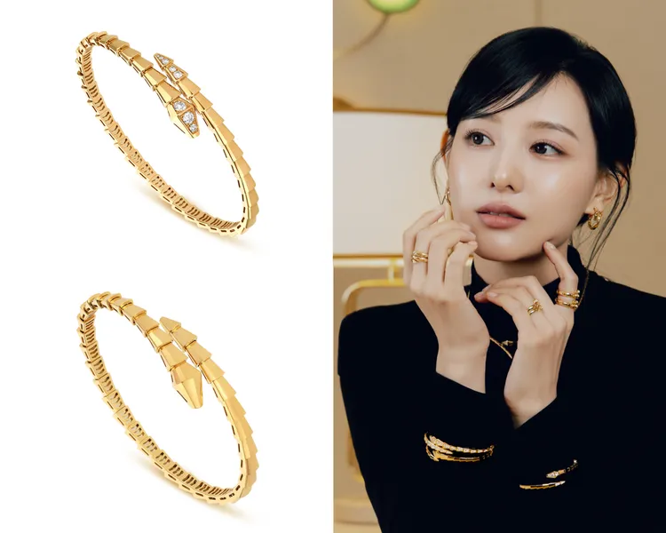 BVLGARI Serpenti Viper半鑲鑽手環（左上）、Serpenti Viper黃K金手環（左下）。品牌提供