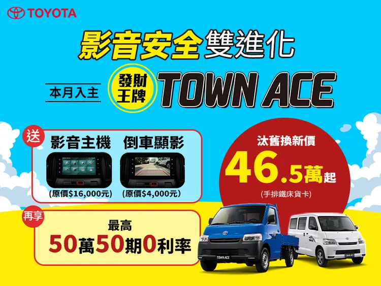 TOYOTA於3月再推出TOWN ACE優惠活動，現在入主TOWN ACE發財雙王牌（含廂型車及貨卡車）限時免費送手機智聯影音系統及倒車影像系統，再享最高50萬50期0利率。業者提供