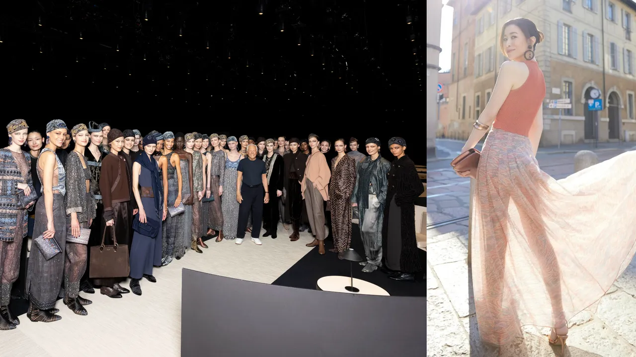 佘詩曼套上透視裙欣賞GIORGIO ARMANI大秀，秀場外陽光下臀腿曲線全都露。品牌提供、翻攝佘詩曼IG