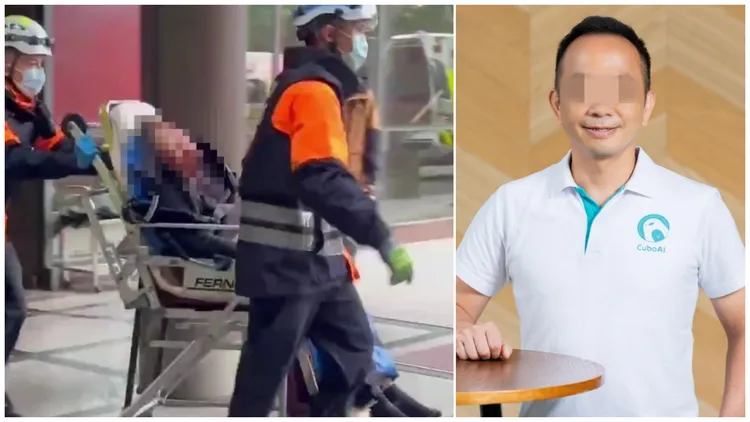 雲云科技董座曾志新自刎送醫畫面曝光。左圖翻攝畫面、右圖翻攝曾志新臉書