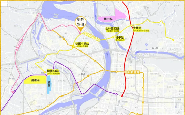 「鼎藏豐碩」過橋即進北市，緊鄰未來雙捷站Y22站。鼎藏豐碩提供