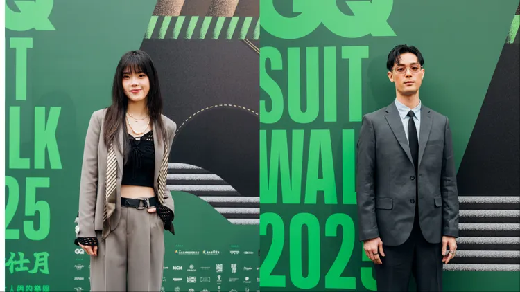 新生代歌手胡恂舞（左）和「TRASH」貝斯手博文（右）換上經典西裝品牌G2000亮相。《GQ》提供