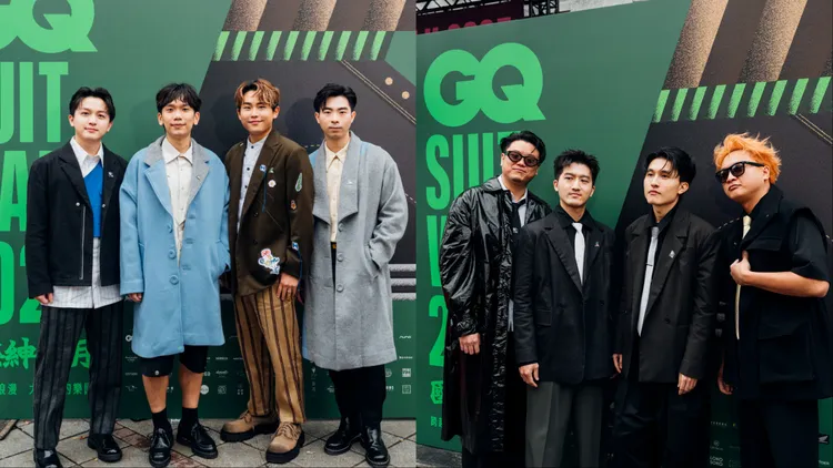 人氣樂團「理想混蛋」（左）、「icyball冰球樂團」（右）分別穿著台灣設計師品牌CHERNG DESIGN、DOUCHANGLEE服裝。《GQ》提供