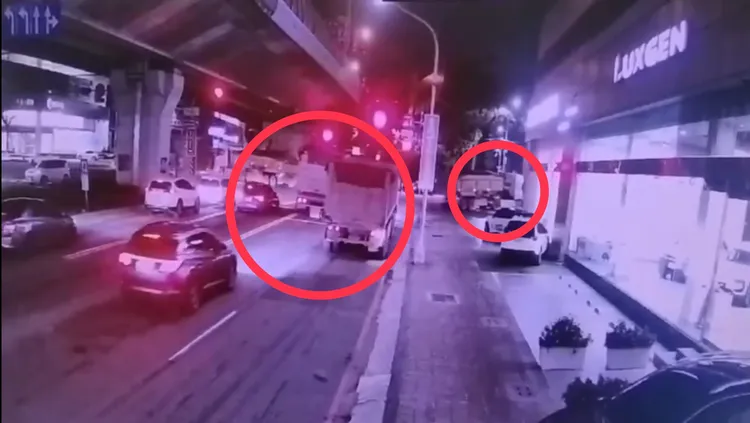 警方調閱相關監視器畫面，發現砂石車駕駛違規，將依法告發。翻攝照片