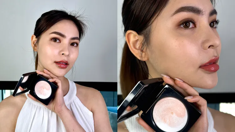 Model示範Bobbi Brown大理石粉嫩蜜粉餅。張家玲攝