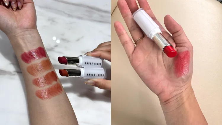 Bobbi Brown晶鑽釉光水唇膏台灣最熱賣4色（左圖上至下）#Nude Mauve、#Nude Buff、#Nude Cinnamon、#Nude Petal；右圖為韓國熱賣色#Gragon Fruit。張家玲攝