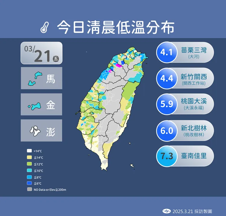 今日清晨低溫分布。中央氣象署提供
