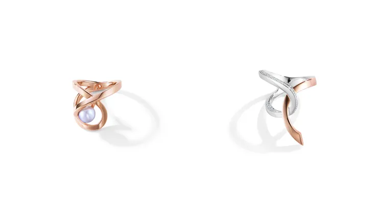 TASAKI Aurora珍珠戒指（左）8萬500元、鑽石櫻花白金戒指（右）20萬1000元。品牌提供