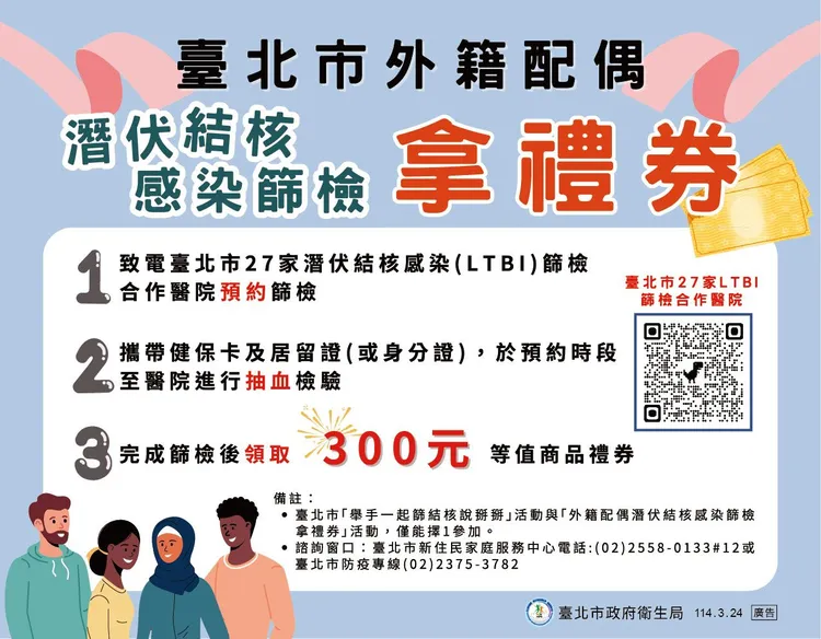 台北市外籍配偶抽血即送300元禮券。台北市衛生局提供
