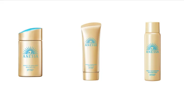 安耐曬金鑽高效防曬露NA 5X（左）60ml／950元、金鑽高效水感防曬凝膠NA（中）90g／790元、金鑽高效防曬噴霧NA（右）60g／600元。品牌提供