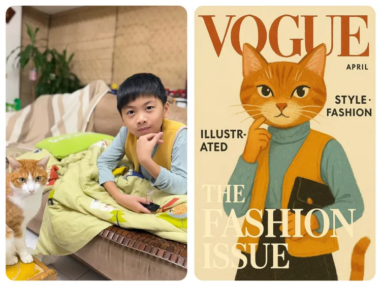 有趣的是當時上傳的是一貓、一人的照片，就自動生成了文青復古感的手繪插畫雜誌風格。AI製