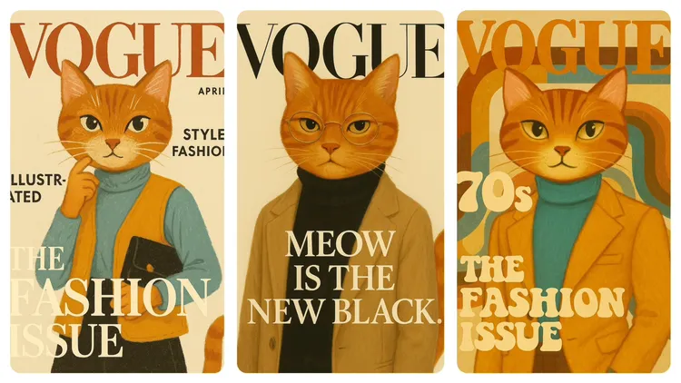 風格指令由左至右分別為文青復古感的手繪插畫、VOGUE風格，與70年代封面。AI製