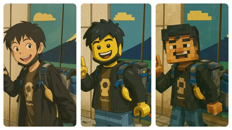 由左至右分別為吉卜力風格、LEGO風格與Minecraft風格。AI製