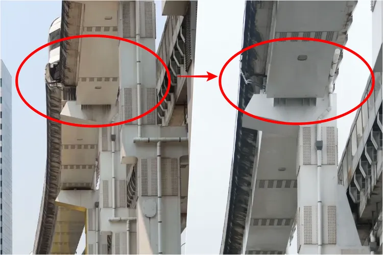 環狀線因地震而位移的軌道（圖左）已經修復（圖右）。資料照、彭欣偉攝