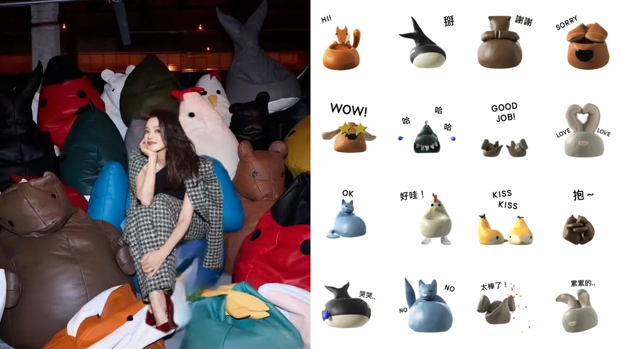 舒淇（左圖）去年在BOTTEGA VENETA窩的動物懶骨頭變身免費LINE貼圖，即日起至4月17日加好友就可免費下載。翻攝IG、翻攝LINE畫面。