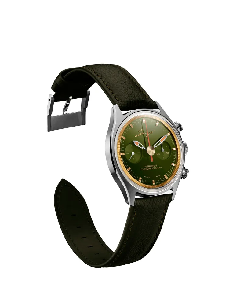 Singer Reimagined傳承系列Empire Green腕錶，38mm，不鏽鋼錶殼，深綠色漆面處理錶盤，粒紋天然皮革或紡織品錶帶，全面修復之Valijoux 236機芯，動力儲存48小時，防水深度50米，70萬元。品牌提供