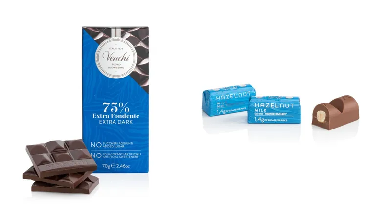 Venchi 輕享75%黑巧克力片（左）380元、輕享原顆榛果牛奶巧克力磚（右）100g / 580元。品牌提供