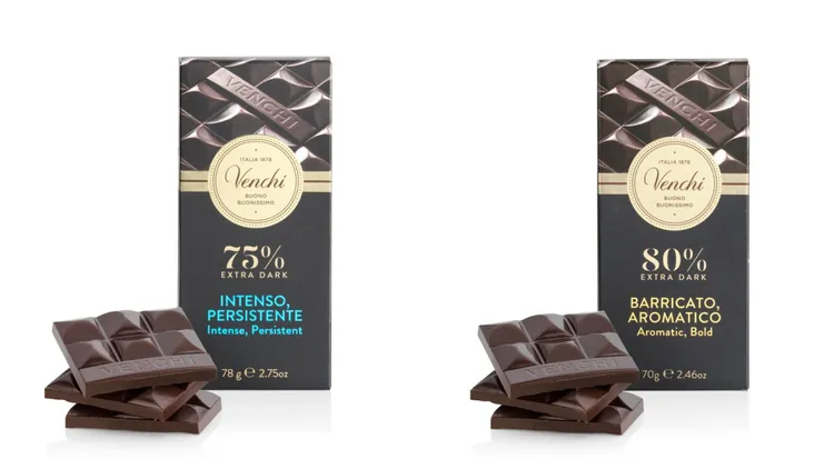 Venchi 75%黑巧克力片（左）360元、80%黑巧克力片（右）380元。品牌提供