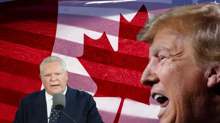 在美國總統川普（右）下令對加拿大「加倍」關稅至50%後，加拿大安大略省省長福特表示，暫停對輸往美國電力的徵收25%附加費。合成畫面。美聯社