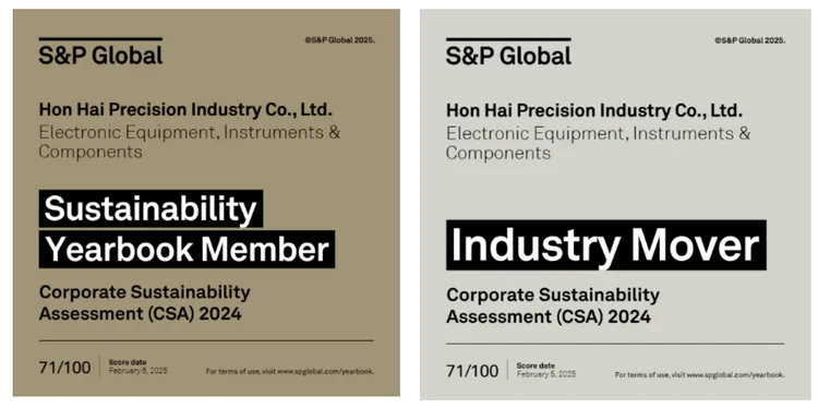 鴻海科技集團憑藉在環境、社會及公司治理（ESG）領域的卓越表現，首次成功入選 2025 年標普全球永續年鑑（S&P Global Sustainability Yearbook Member），並榮獲「產業最佳進步獎（Industry Mover）」殊榮。鴻海提供