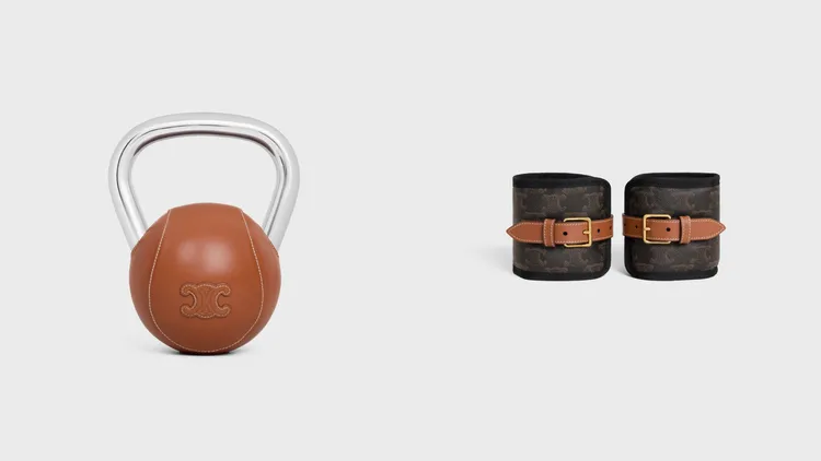 CELINE精鋼及光滑牛皮革4公斤壺鈴（左）10萬5000元、標誌印花牛皮革運動負重手環（右）2萬6500元。品牌提供